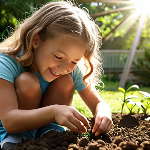 Home 23 **A child happily planting a seedling in a garden, soil on their hands, with sunlight filtering through the leaves. Focus on the joy of learning and connection with nature.**