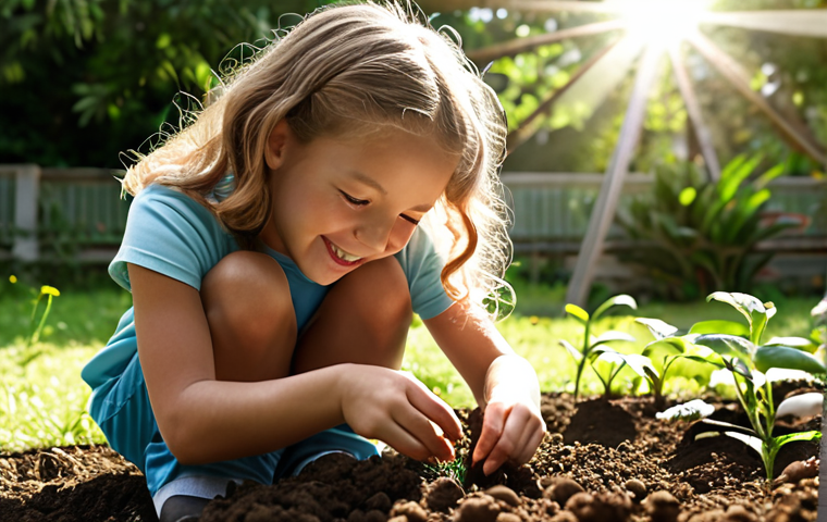 **A child happily planting a seedling in a garden, soil on their hands, with sunlight filtering through the leaves. Focus on the joy of learning and connection with nature.**