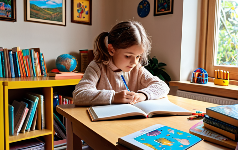 **Homeschooling Setup:** A cozy home learning space with a child engaged in studies, books, and educational materials scattered around.