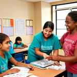 **Image:** A diverse group of volunteers assisting children with various subjects like math, science, and languages in a community center setting. The atmosphere is supportive and encouraging.