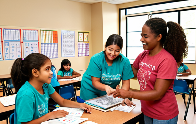 **Image:** A diverse group of volunteers assisting children with various subjects like math, science, and languages in a community center setting. The atmosphere is supportive and encouraging.