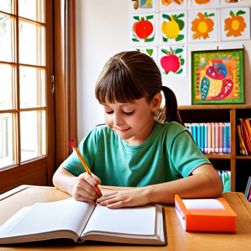 Home 20 **A warm, inviting home study space with a child happily engaged in learning. Textbooks, art supplies, and a computer are neatly organized. The overall atmosphere is bright, encouraging, and reflects a nurturing environment.** *(Focuses on a conducive learning environment)*