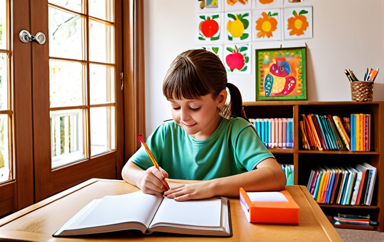 **A warm, inviting home study space with a child happily engaged in learning. Textbooks, art supplies, and a computer are neatly organized. The overall atmosphere is bright, encouraging, and reflects a nurturing environment.** *(Focuses on a conducive learning environment)*