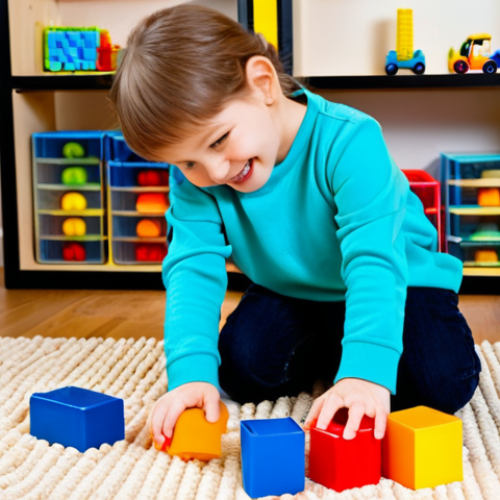 Home 9 A happy, curious young child (around 4 years old), fully clothed in modest, comfortable attire, is engaged in a sensory play activity with a parent in a well-lit, cozy home learning area. The child is exploring colorful building blocks and soft textures on a large mat, while the parent, in appropriate, comfortable clothing, gently guides and observes with a warm smile. The background shows organized shelves with educational toys and books, bathed in natural light, creating an inviting and family-friendly atmosphere. perfect anatomy, correct proportions, natural pose, well-formed hands, proper finger count, natural body proportions, professional photography, high quality, safe for work, appropriate content, fully clothed, modest clothing.