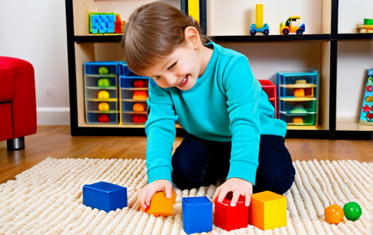 A happy, curious young child (around 4 years old), fully clothed in modest, comfortable attire, is engaged in a sensory play activity with a parent in a well-lit, cozy home learning area. The child is exploring colorful building blocks and soft textures on a large mat, while the parent, in appropriate, comfortable clothing, gently guides and observes with a warm smile. The background shows organized shelves with educational toys and books, bathed in natural light, creating an inviting and family-friendly atmosphere. perfect anatomy, correct proportions, natural pose, well-formed hands, proper finger count, natural body proportions, professional photography, high quality, safe for work, appropriate content, fully clothed, modest clothing.