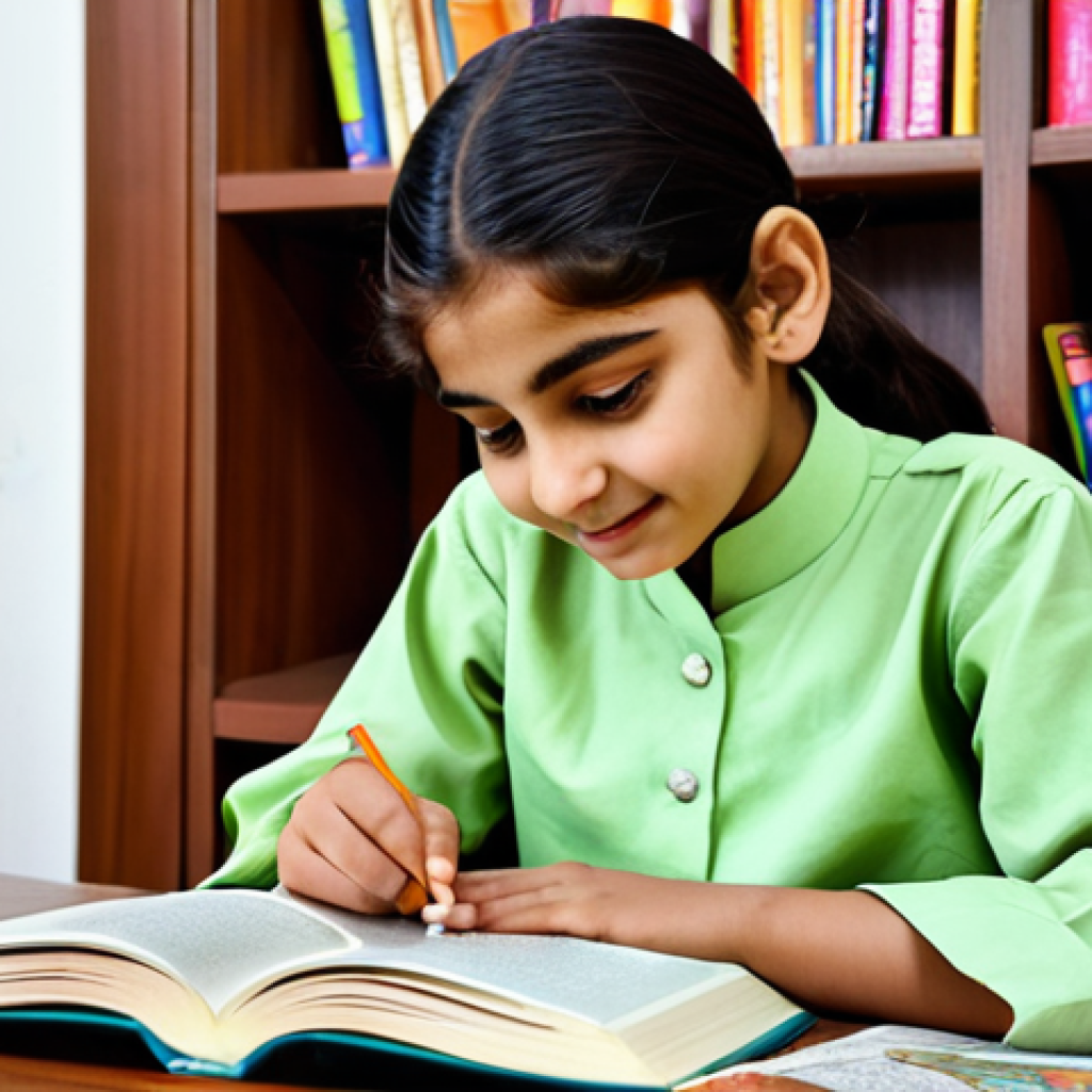 **

"A young Pakistani girl, around 8 years old, fully clothed in a shalwar kameez, reading a book in a bright and cheerful home study room, surrounded by books and educational toys, safe for work, appropriate content, professional, modest, family-friendly, perfect anatomy, correct proportions, natural pose, well-formed hands, proper finger count, natural body proportions, high quality."

**