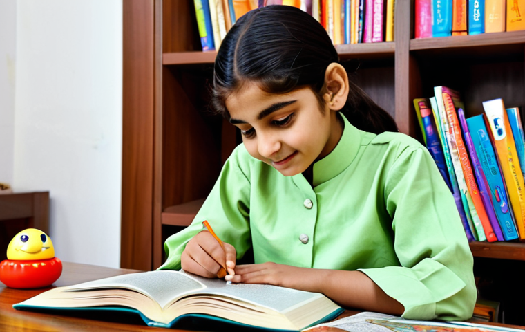 **
"A young Pakistani girl, around 8 years old, fully clothed in a shalwar kameez, reading a book in a bright and cheerful home study room, surrounded by books and educational toys, safe for work, appropriate content, professional, modest, family-friendly, perfect anatomy, correct proportions, natural pose, well-formed hands, proper finger count, natural body proportions, high quality."
**