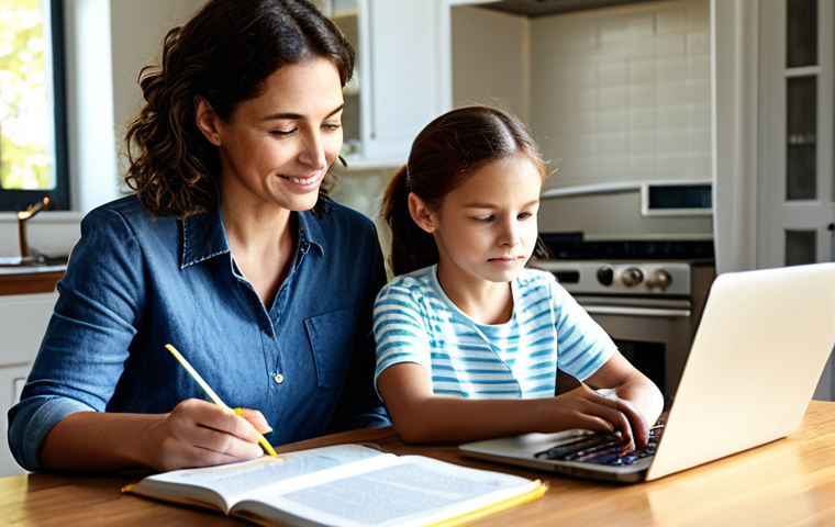 A Homeschooling Scene**
"A mother and her two children engaged in a science experiment at a table in their sunlit home. Books, learning materials, and a laptop are scattered around them. The mother is helping her daughter while the son looks on with interest. Fully clothed, modest attire, safe for work, appropriate content, family-friendly scene, perfect anatomy, natural proportions, high-quality illustration."
**