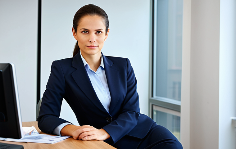 Businesswoman in Office**
"A professional businesswoman in a modest business suit, sitting at a desk in a modern office, fully clothed, appropriate attire, safe for work, perfect anatomy, natural proportions, professional photography, high quality."
**