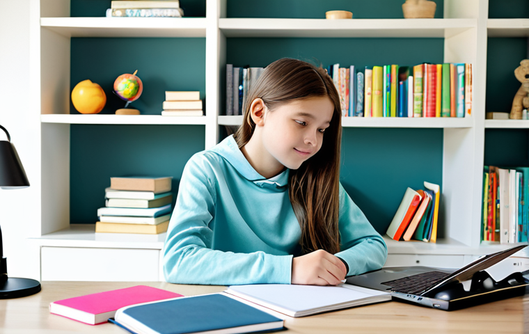 홈스쿨링의 사회적 인식 변화 - Modern Home Schooling Setup**
"A bright and inviting home study area. A young student, fully clothe...