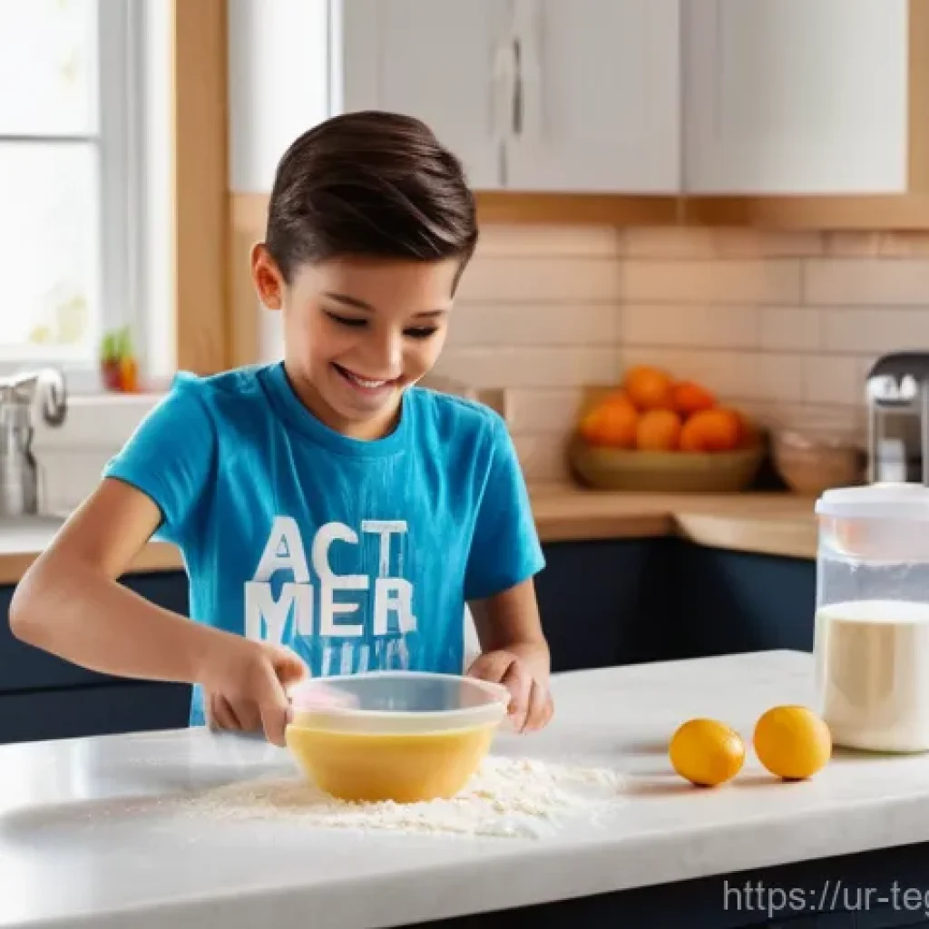 기초 수학 교육을 위한 홈스쿨링 팁 - **Kitchen Math Fun**
A brightly lit, clean, and modern kitchen scene. A young boy, about 7-9 yea...