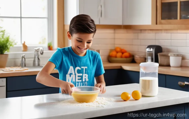 기초 수학 교육을 위한 홈스쿨링 팁 - **Kitchen Math Fun**
A brightly lit, clean, and modern kitchen scene. A young boy, about 7-9 yea...