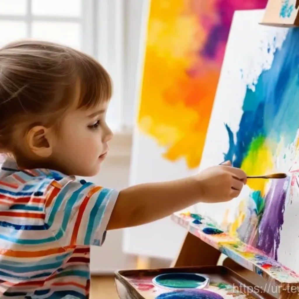 홈스쿨링을 위한 예술 및 창의적 활동 - A bright and airy home art studio space, filled with natural light. A child, approximately 7-8 years...