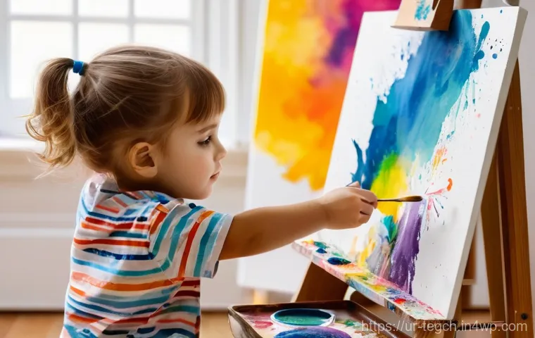 홈스쿨링을 위한 예술 및 창의적 활동 - A bright and airy home art studio space, filled with natural light. A child, approximately 7-8 years...