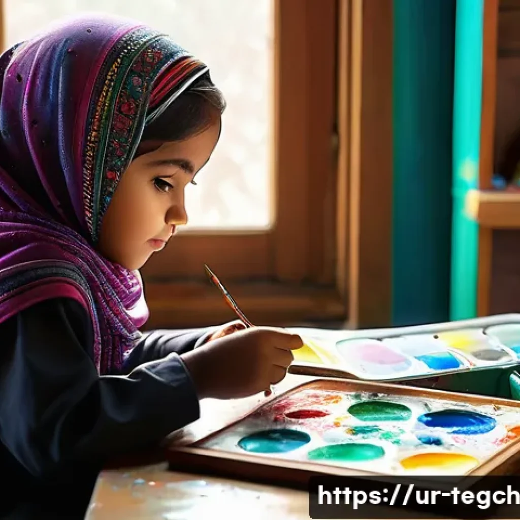 홈스쿨링의 장기적 효과에 대한 연구 - **A young girl (8 years old) wearing a colorful hijab and a modest, long-sleeved dress, sits at a ta...