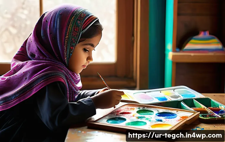 홈스쿨링의 장기적 효과에 대한 연구 - **A young girl (8 years old) wearing a colorful hijab and a modest, long-sleeved dress, sits at a ta...