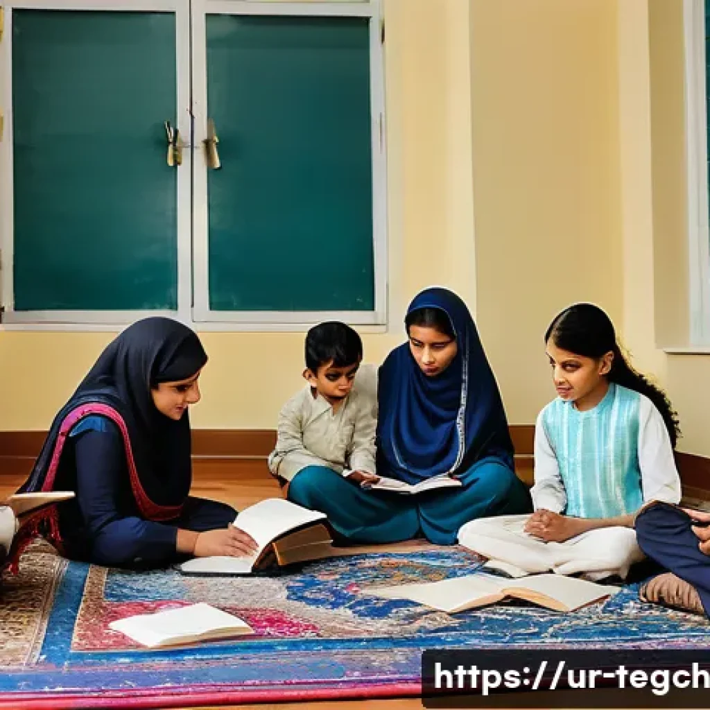 홈스쿨링 부모를 위한 지원 그룹 찾기 - A warm and inviting community center scene in a Pakistani neighborhood where Urdu-speaking homeschoo...