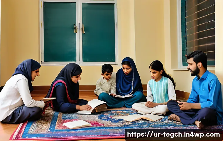 홈스쿨링 부모를 위한 지원 그룹 찾기 - A warm and inviting community center scene in a Pakistani neighborhood where Urdu-speaking homeschoo...