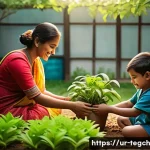 홈스쿨링에서의 지속 가능성 교육 - A warm, inviting family garden scene in a traditional South Asian home setting, where a mother and t...