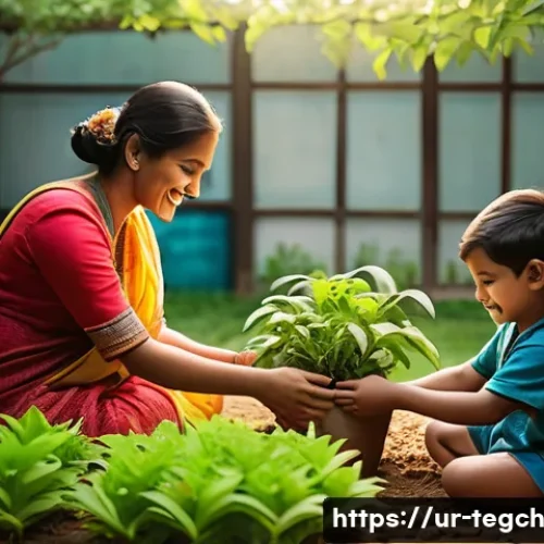 홈스쿨링에서의 지속 가능성 교육 - A warm, inviting family garden scene in a traditional South Asian home setting, where a mother and t...