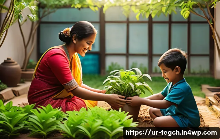 홈스쿨링에서의 지속 가능성 교육 - A warm, inviting family garden scene in a traditional South Asian home setting, where a mother and t...