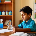홈스쿨링에서의 직업 체험 프로그램 - A bright and colorful home schooling setup in a traditional Pakistani living room, featuring a young...