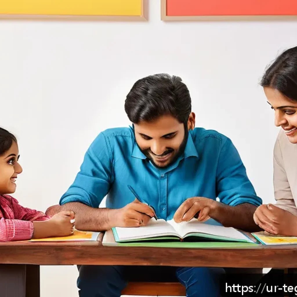 홈스쿨링에서의 피드백 제공 방법 - A warm and inviting home learning environment featuring a South Asian family of four, with parents a...