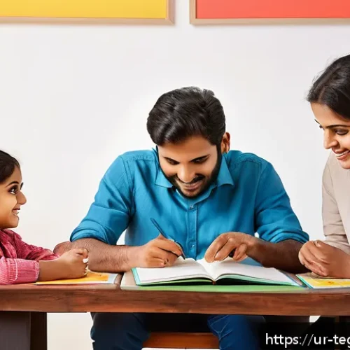 홈스쿨링에서의 피드백 제공 방법 - A warm and inviting home learning environment featuring a South Asian family of four, with parents a...