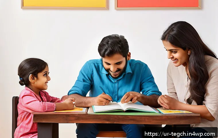 홈스쿨링에서의 피드백 제공 방법 - A warm and inviting home learning environment featuring a South Asian family of four, with parents a...