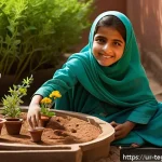 자연 탐험을 통한 홈스쿨링 교육법 - A warm, sunlit garden scene in a Pakistani neighborhood where a young Urdu-speaking child wearing co...