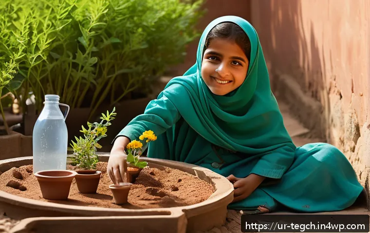 자연 탐험을 통한 홈스쿨링 교육법 - A warm, sunlit garden scene in a Pakistani neighborhood where a young Urdu-speaking child wearing co...