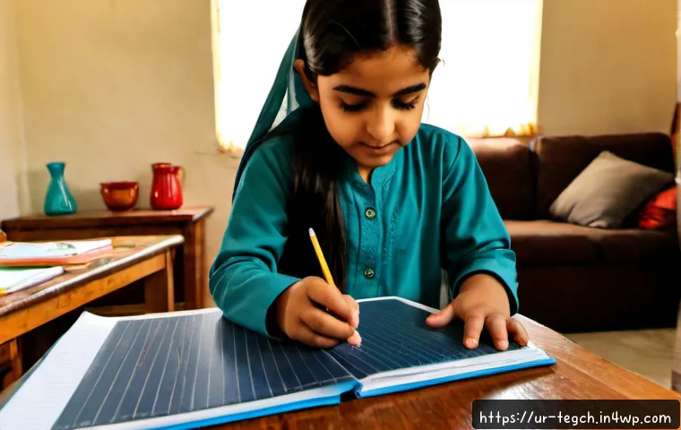 Home 17 홈스쿨링과 역량 기반 교육의 관계 - Photorealistic Pakistani homeschooling scene in a sunlit family living room, a modestly dressed moth...