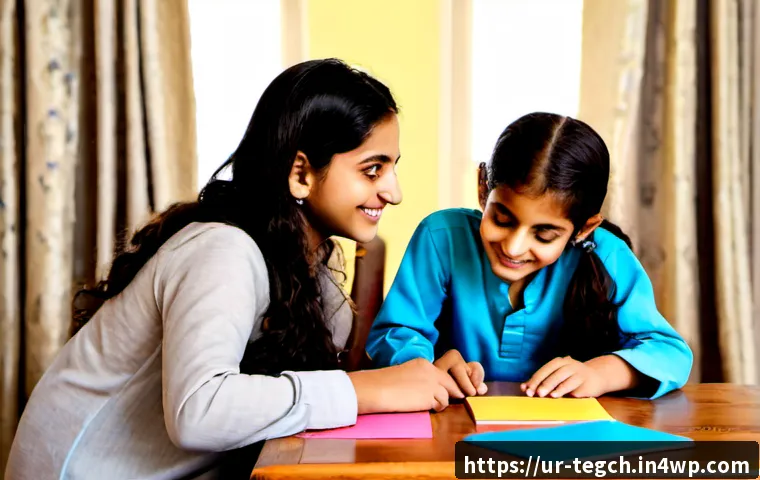 Home 17 홈스쿨링에서의 팀 기반 학습 효과 - Photorealistic homeschooling teamwork scene in a warm Pakistani family living room, three school-age...