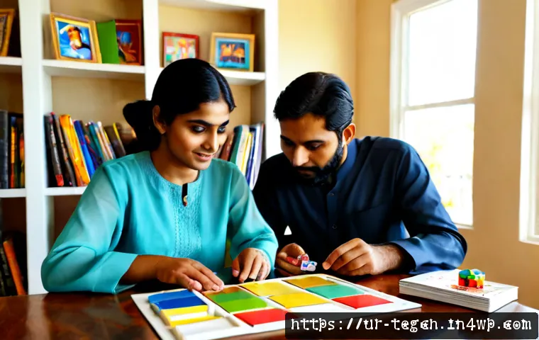 Home 17 자녀의 학습 스타일에 맞춘 홈스쿨링 방법 - Photorealistic Pakistani Urdu-speaking family homeschooling at a sunlit living-room table, mother in...