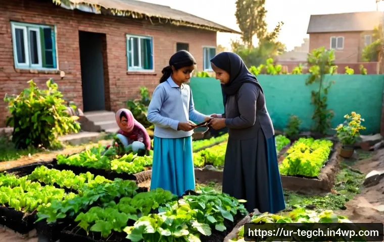 Home 17 홈스쿨링에서의 지역 사회 참여 방법 - Photorealistic homeschool family in a Pakistani neighborhood community garden, parent and two school...